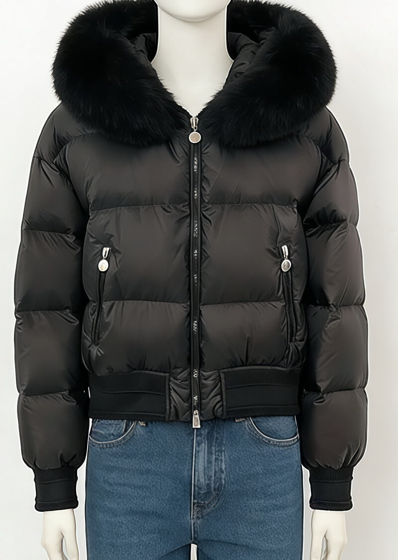 NURO Women's Fox Fur Collar Short Down Jacket - Slim Fit Thermal Puffer Coat with Detachable Hood