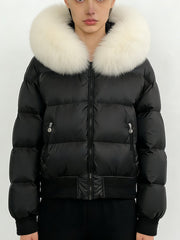 NURO Women's Fox Fur Collar Short Down Jacket | White Duck Feather Winter Coat | Cropped Hooded Puffer Jacket