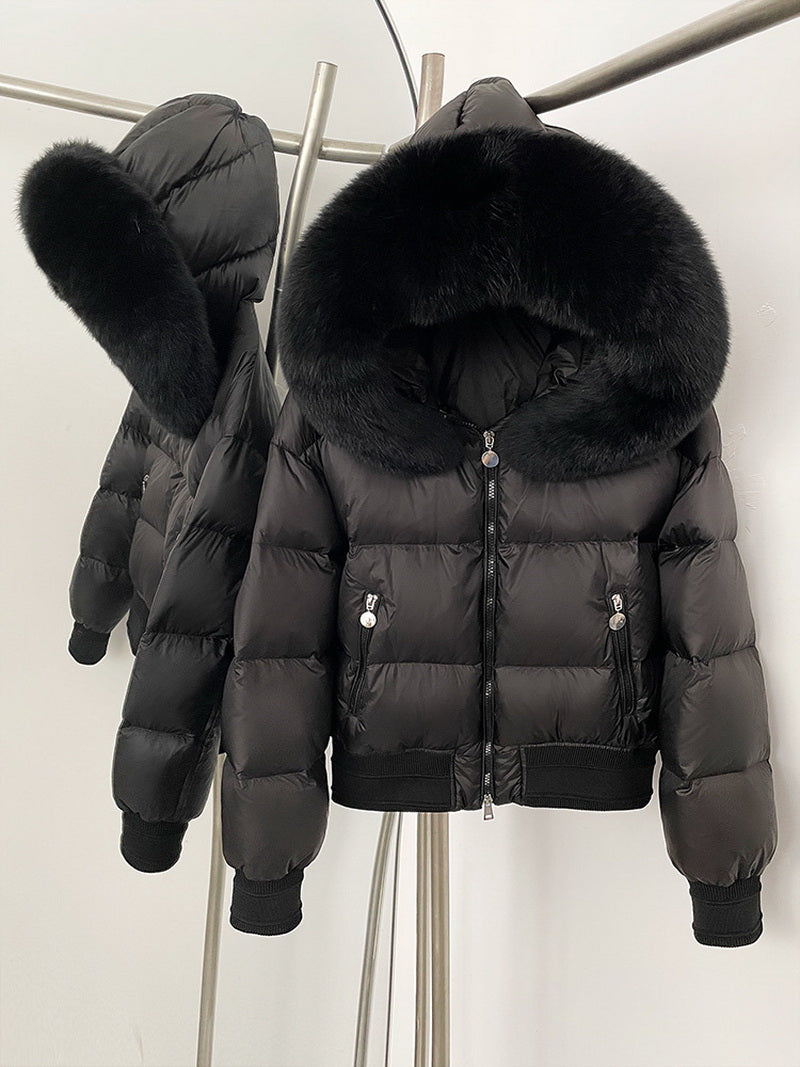 NURO Women's Fox Fur Collar Short Down Jacket | White Duck Feather Winter Coat | Cropped Hooded Puffer Jacket