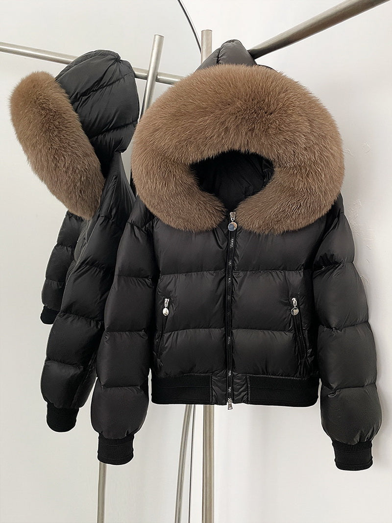 NURO Women's Fox Fur Collar Short Down Jacket | White Duck Feather Winter Coat | Cropped Hooded Puffer Jacket