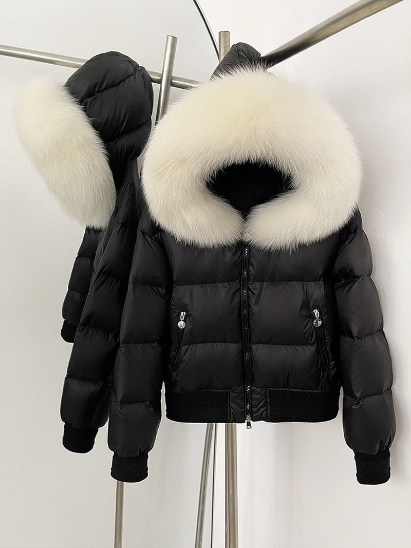 NURO Women's Fox Fur Collar Short Down Jacket | White Duck Feather Winter Coat | Cropped Hooded Puffer Jacket