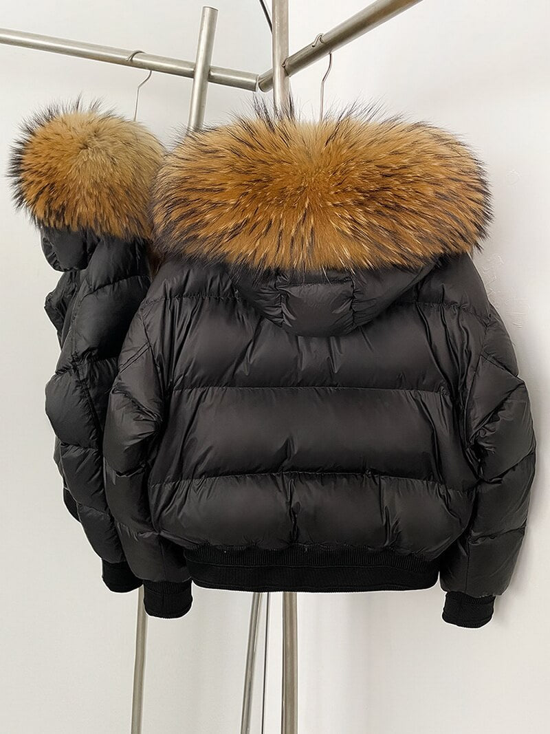 NURO Women's Fox Fur Collar Short Down Jacket - Slim Fit Thermal Puffer Coat with Detachable Hood