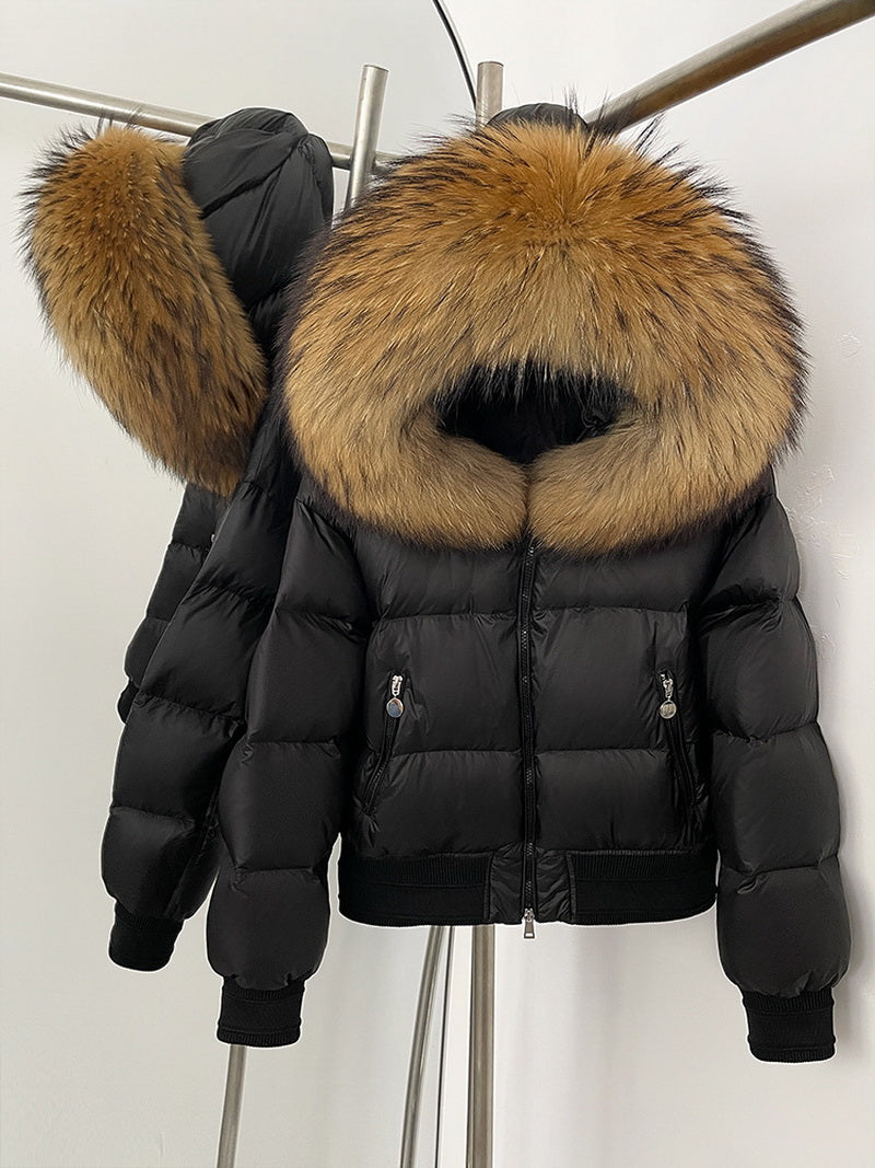 NURO Women's Fox Fur Collar Short Down Jacket | White Duck Feather Winter Coat | Cropped Hooded Puffer Jacket