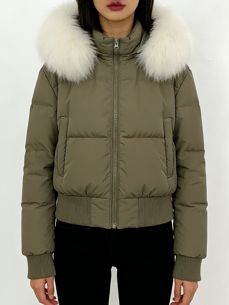 NURO Women's Fox Fur Hooded Puffer Jacket - Short Quilted Down Coat with Detachable Faux Fur Collar