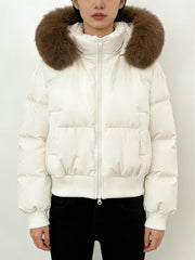 NURO Women's Fox Fur Hooded Puffer Jacket - Short Quilted Down Coat with Detachable Faux Fur Collar