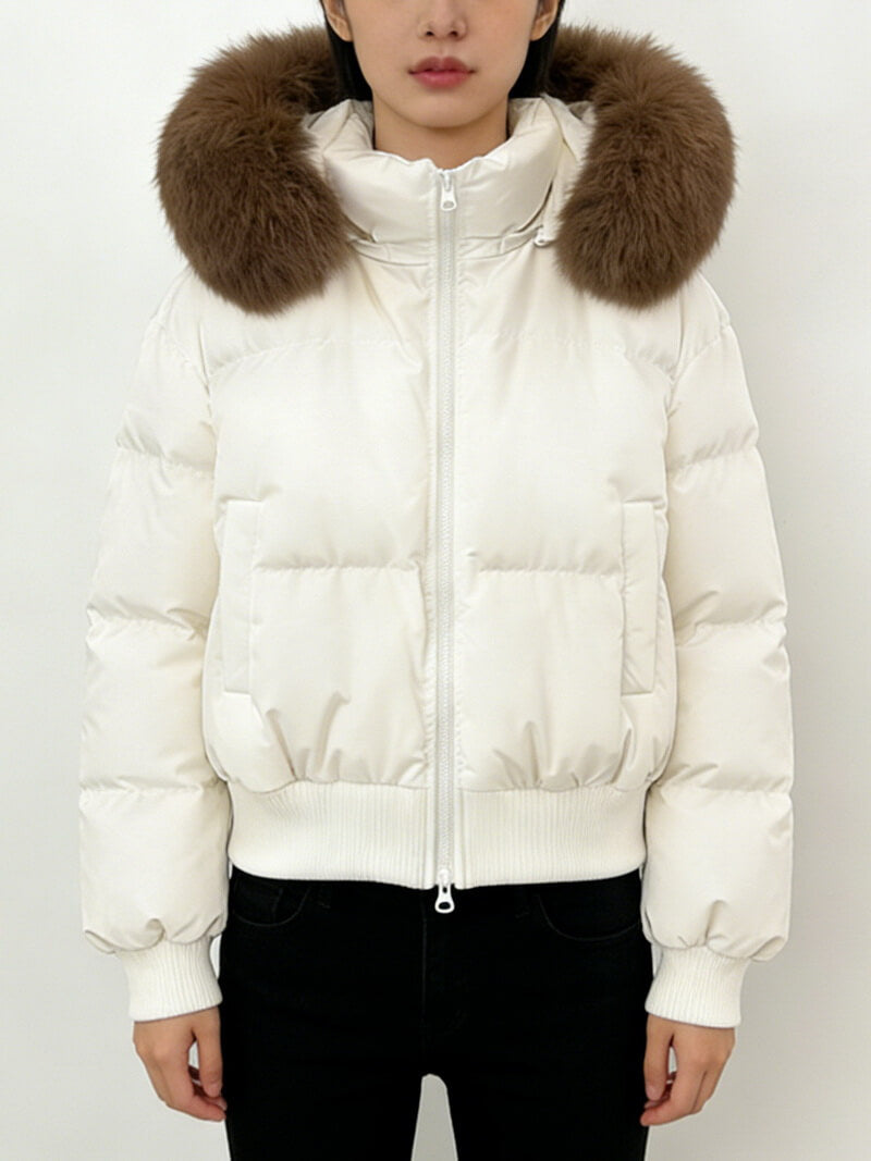 NURO Women's Fox Fur Hooded Puffer Jacket - Short Quilted Down Coat with Detachable Faux Fur Collar