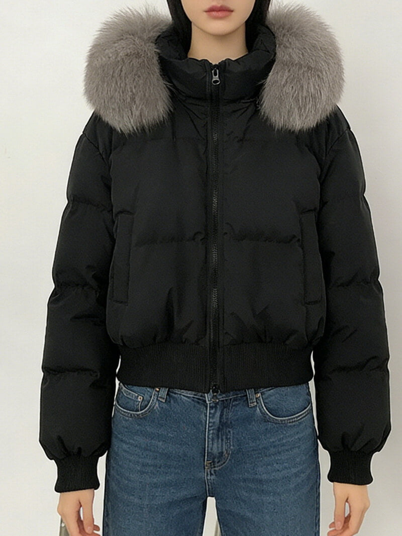 NURO Women's Fox Fur Hooded Puffer Jacket - Short Quilted Down Coat with Detachable Faux Fur Collar