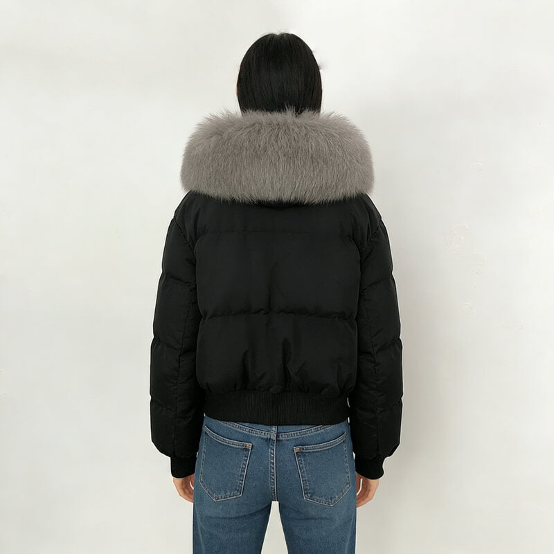 NURO Women's Fox Fur Hooded Puffer Jacket - Short Quilted Down Coat with Detachable Faux Fur Collar