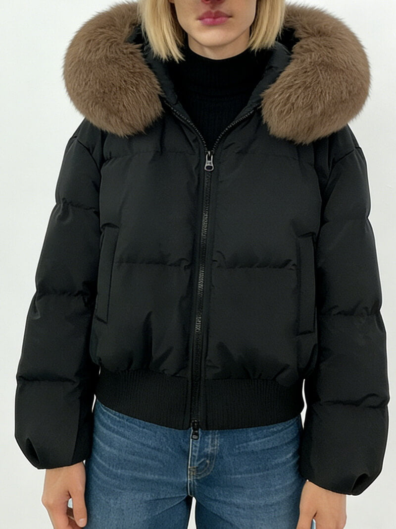 NURO Women's Fox Fur Hooded Puffer Jacket - Short Quilted Down Coat with Detachable Faux Fur Collar