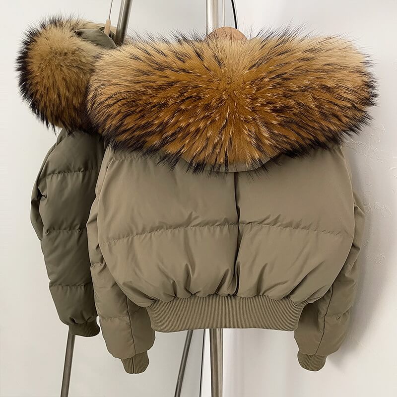 NURO Women's Fox Fur Hooded Puffer Jacket - Short Quilted Down Coat with Detachable Faux Fur Collar