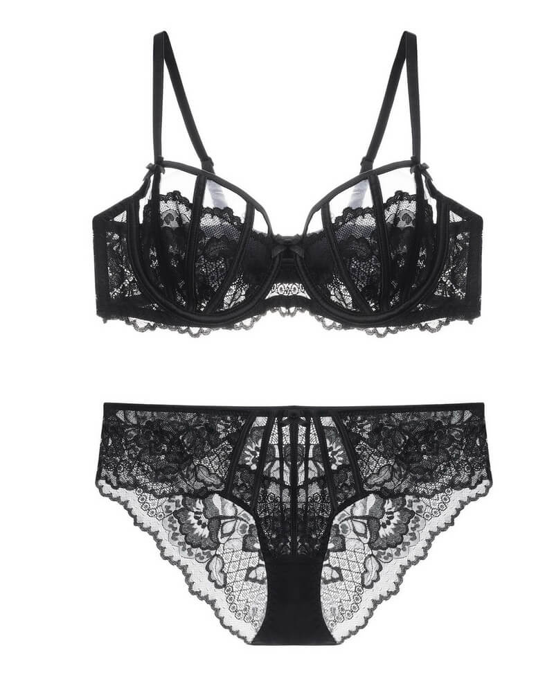 NURO Women's French Lace Full-Coverage Minimizer Bra Set