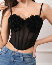 NURO Women's French Lace Mesh Bustier Top – Bow Accent Underbust Corset