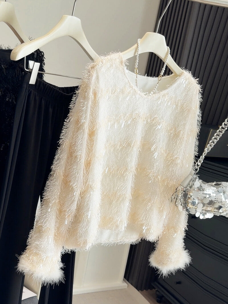 NURO Women's Fringe Hem Short Lace Top, Cropped Knit Blouse with Tassel Detail for Casual Chic