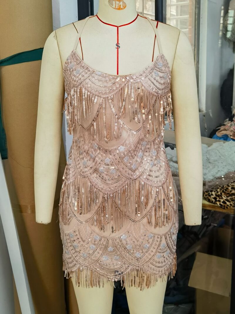 NURO Women's Fringe Sequin Bodycon Dress - Sleeveless Slip Mini Dress for Birthday Party, Club, and Evening Occasion