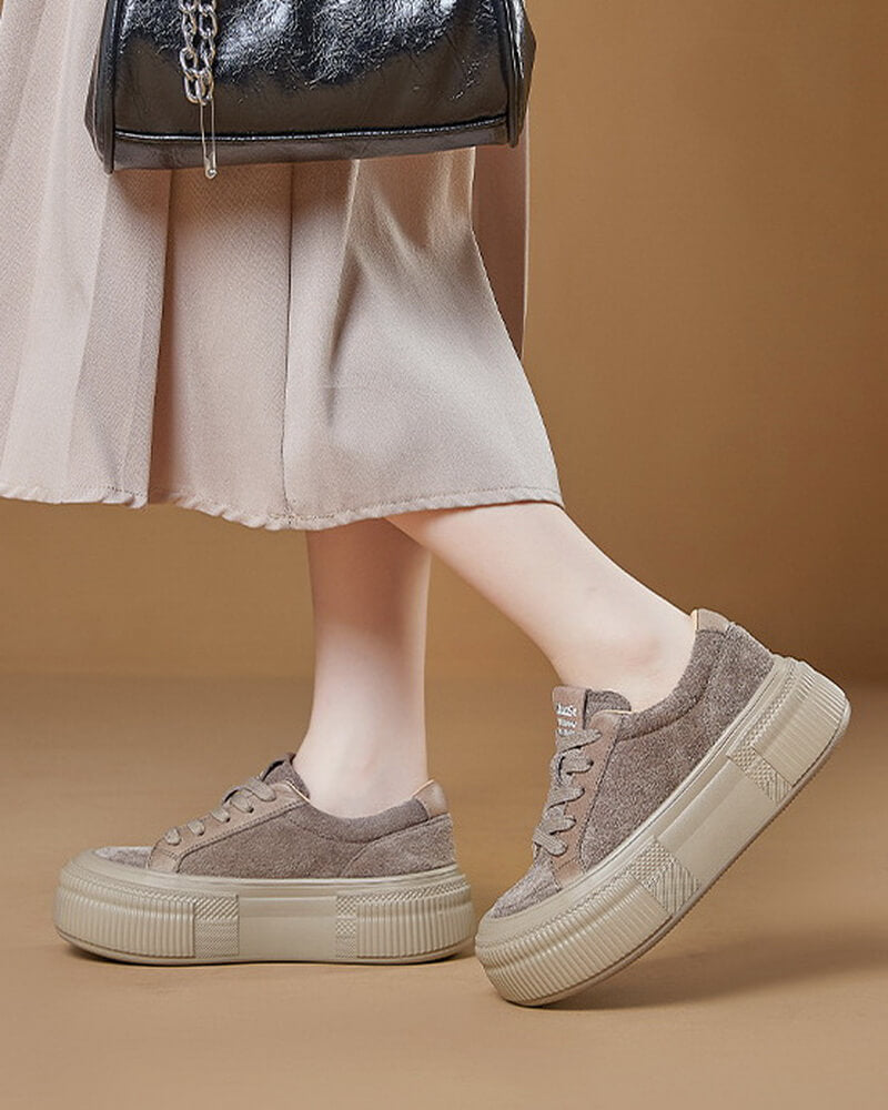 NURO Women's Full-Grain Leather Platform Sneakers Lace-Up Casual Shoes