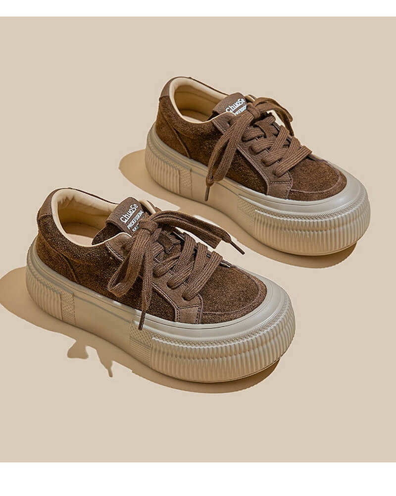 NURO Women's Full-Grain Leather Platform Sneakers Lace-Up Casual Shoes