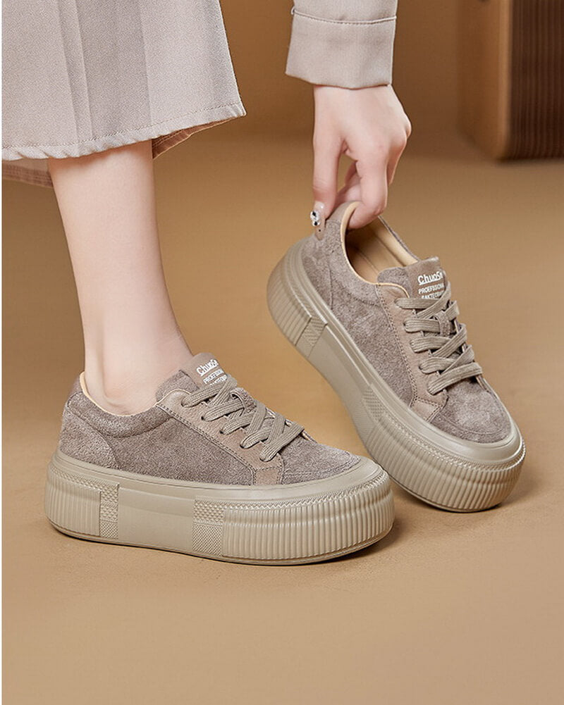 NURO Women's Full-Grain Leather Platform Sneakers Lace-Up Casual Shoes