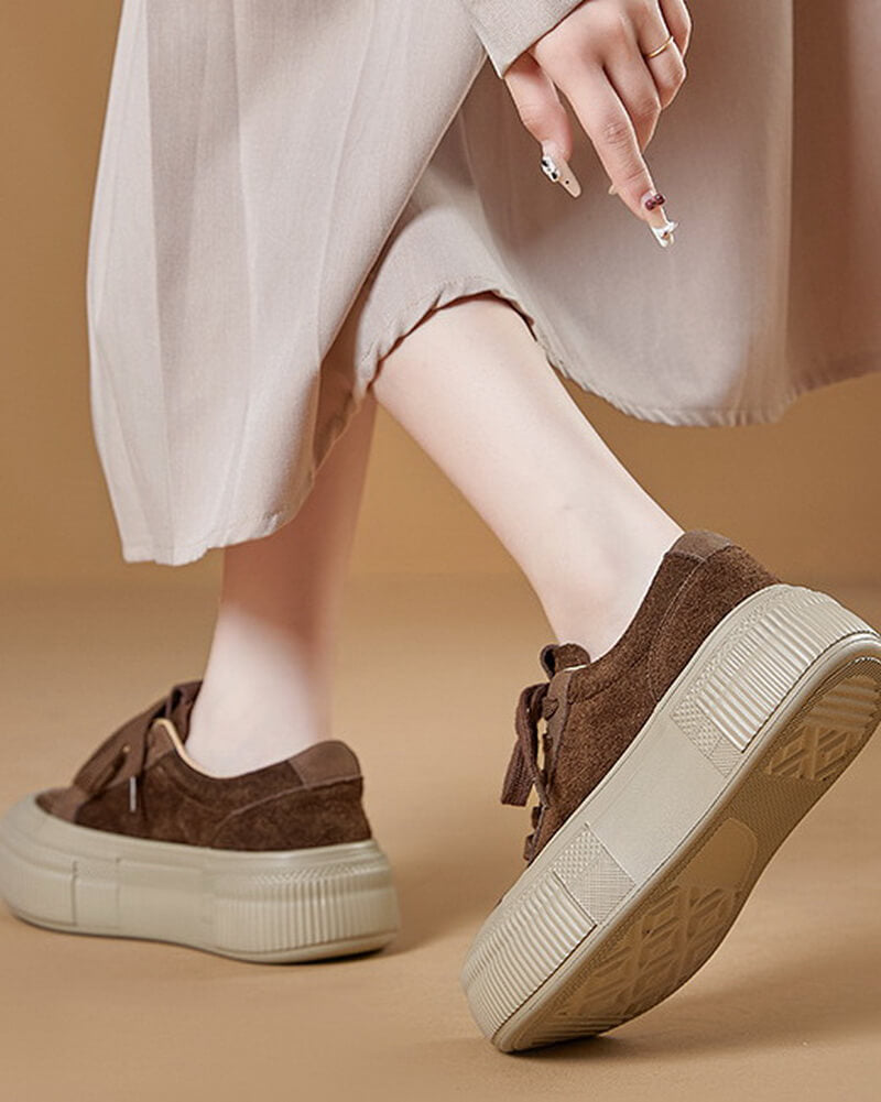 NURO Women's Full-Grain Leather Platform Sneakers Lace-Up Casual Shoes
