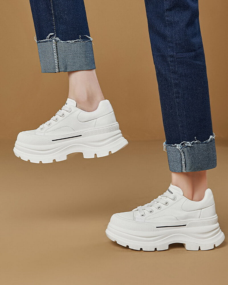 NURO Women's Genuine Leather Platform Sneakers Lace-Up Casual Shoes