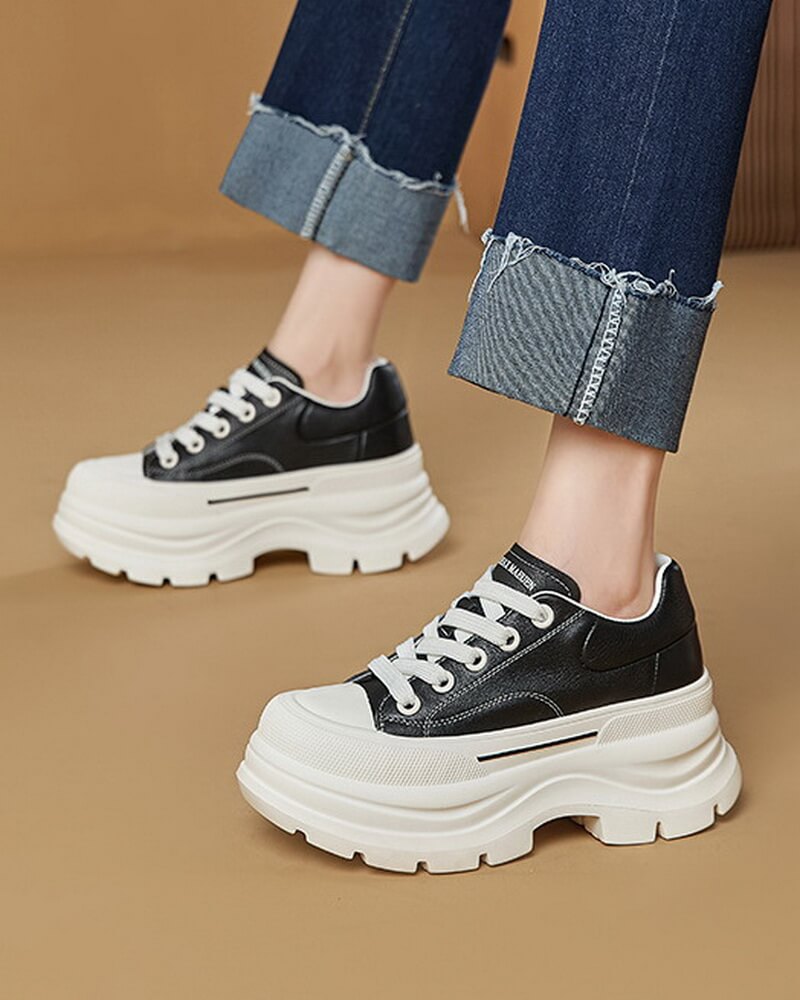 NURO Women's Genuine Leather Platform Sneakers Lace-Up Casual Shoes