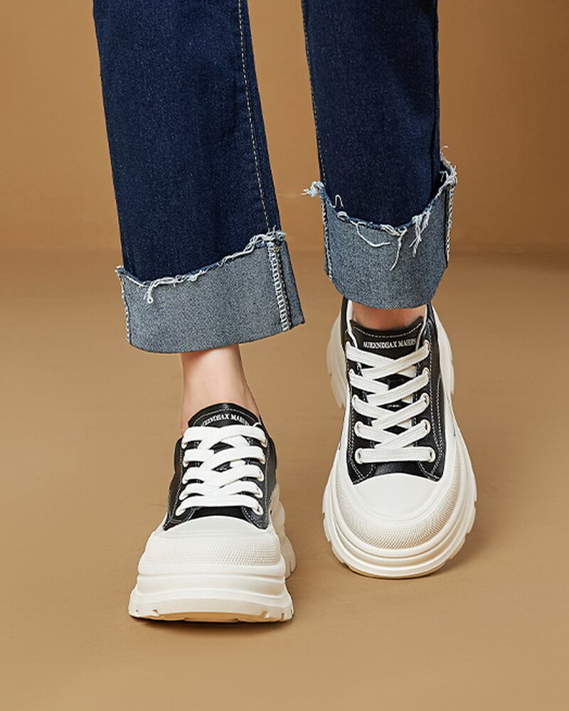 NURO Women's Genuine Leather Platform Sneakers Lace-Up Casual Shoes