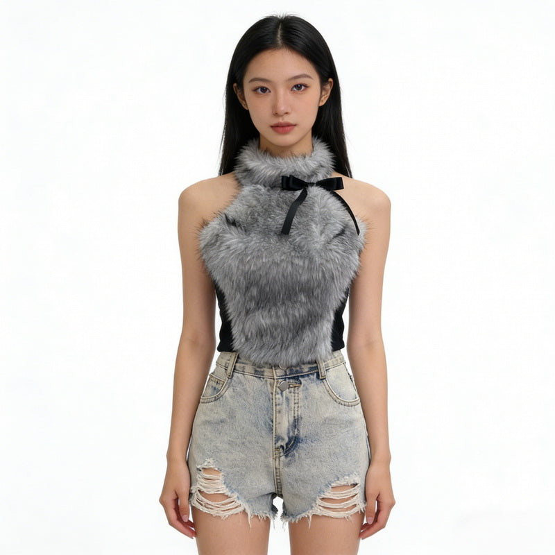 NURO Women's Halter Neck Bustier Top, Bow Accent Cropped Vest with Faux Fur Trim, Sexy Bodycon Sleeveless Top