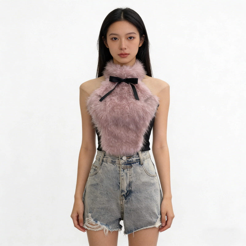 NURO Women's Halter Neck Bustier Top, Bow Accent Cropped Vest with Faux Fur Trim, Sexy Bodycon Sleeveless Top