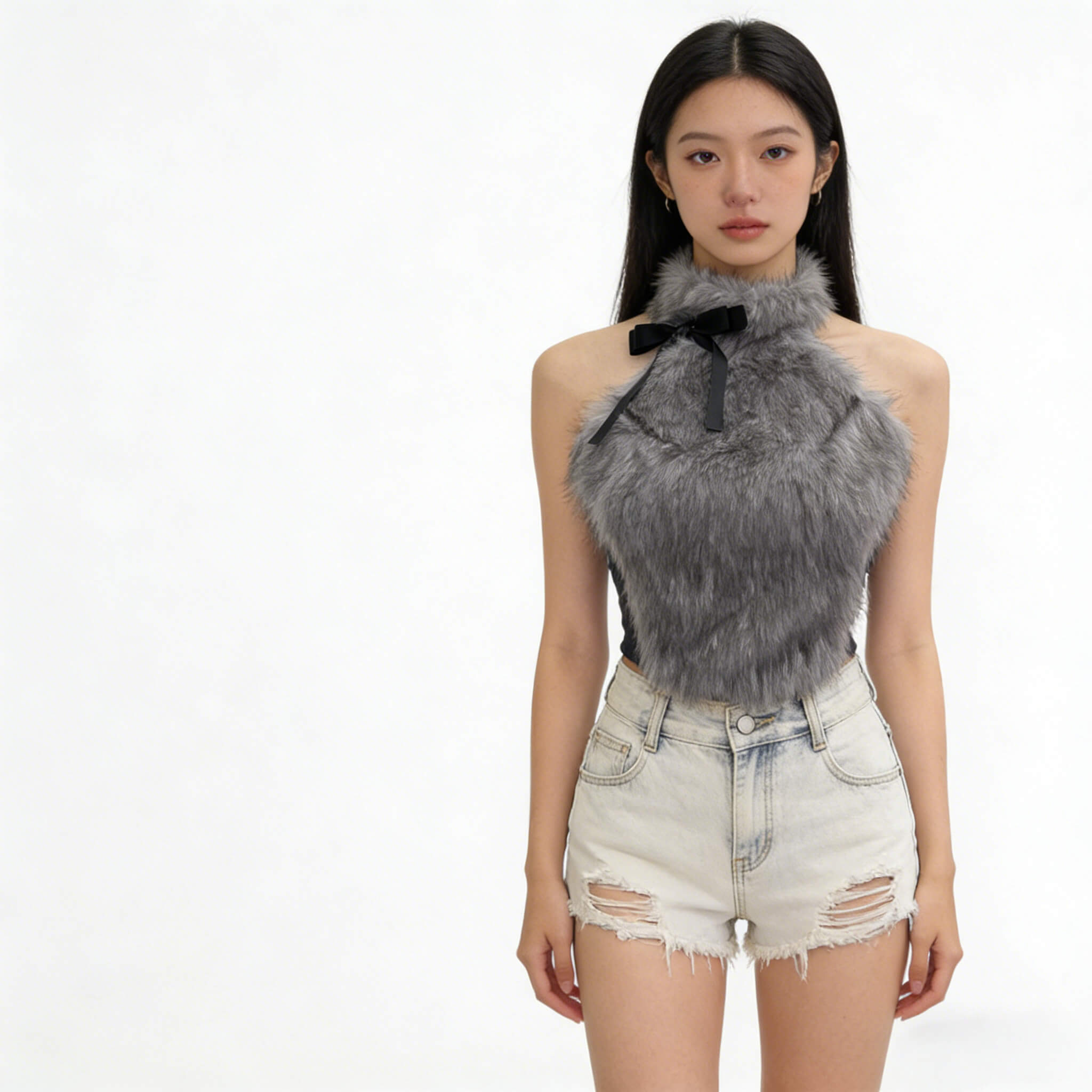 NURO Women's Halter Neck Bustier Top, Bow Accent Cropped Vest with Faux Fur Trim, Sexy Bodycon Sleeveless Top