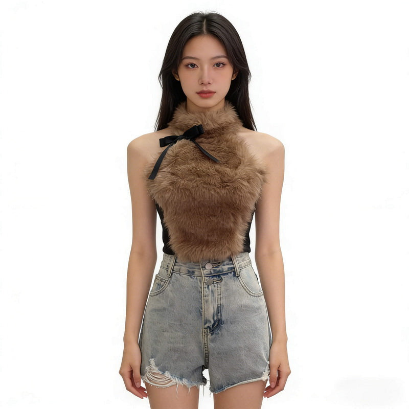NURO Women's Halter Neck Bustier Top, Bow Accent Cropped Vest with Faux Fur Trim, Sexy Bodycon Sleeveless Top
