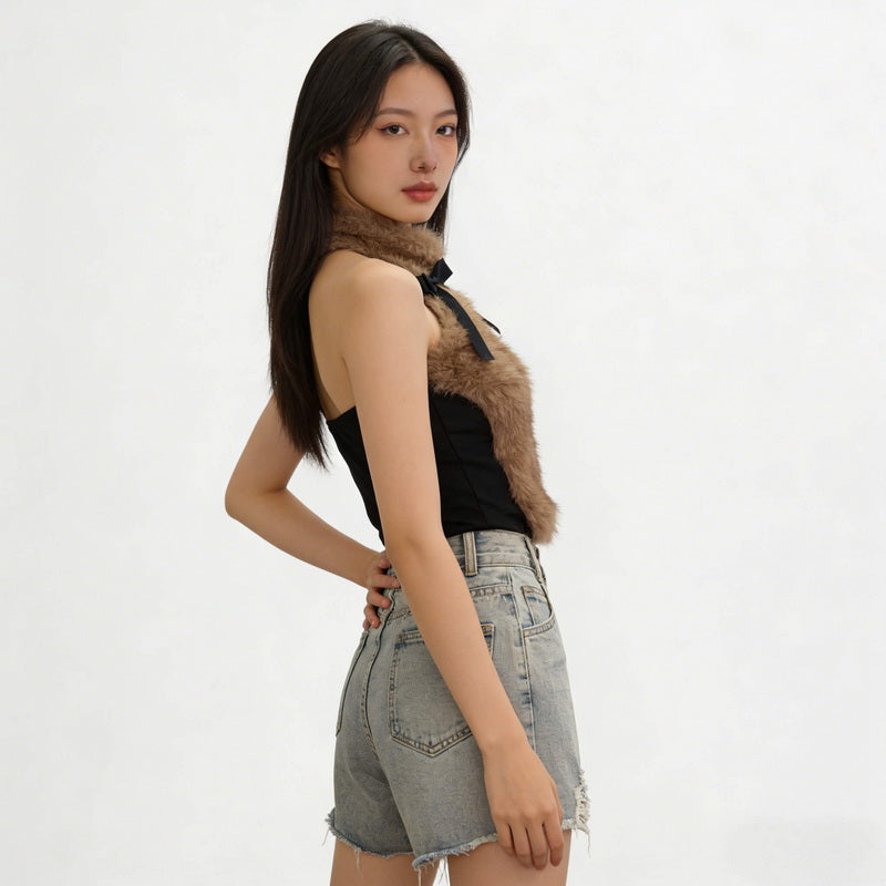 NURO Women's Halter Neck Bustier Top, Bow Accent Cropped Vest with Faux Fur Trim, Sexy Bodycon Sleeveless Top