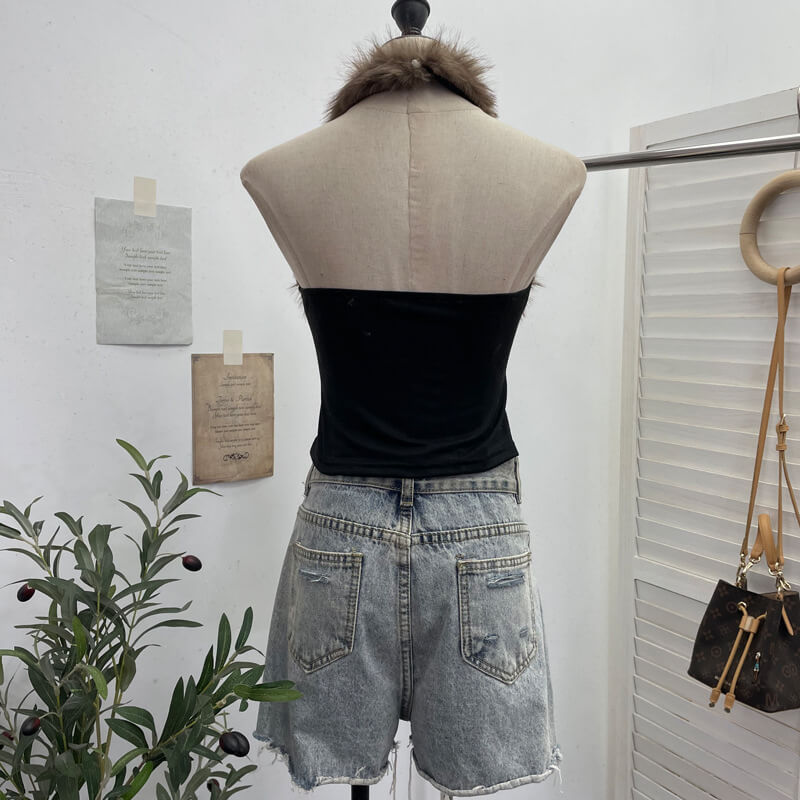 NURO Women's Halter Neck Crop Top, Animal Print Sleeveless Vest with Faux Fur Trim, Sexy Bodycon Camisole