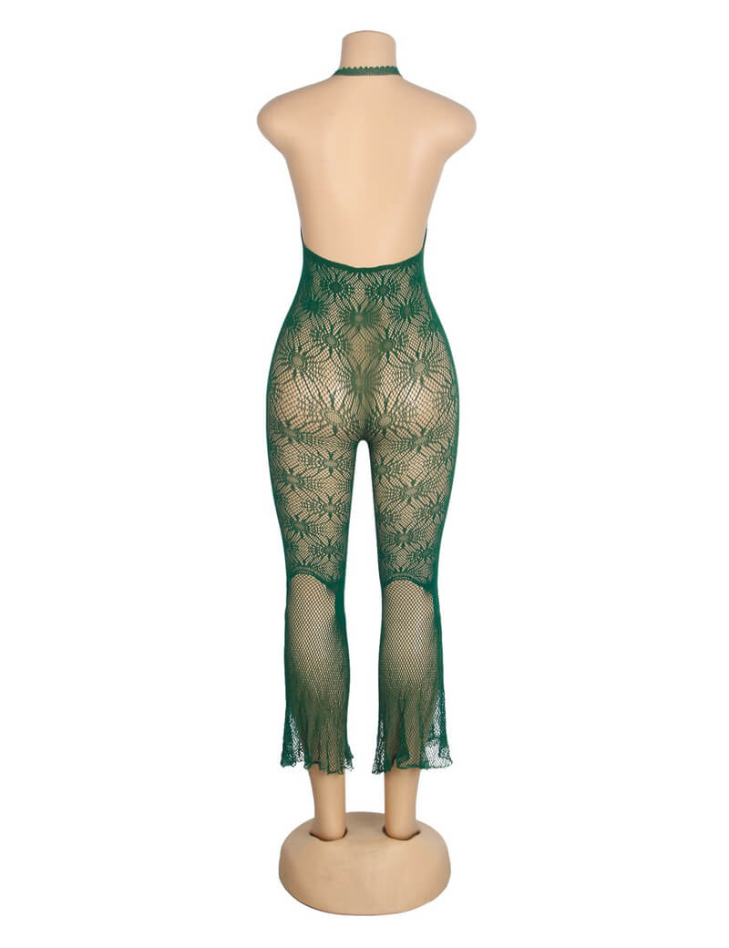 NURO Women's Halter Neck Jacquard Backless Bodysuit Flared Pants