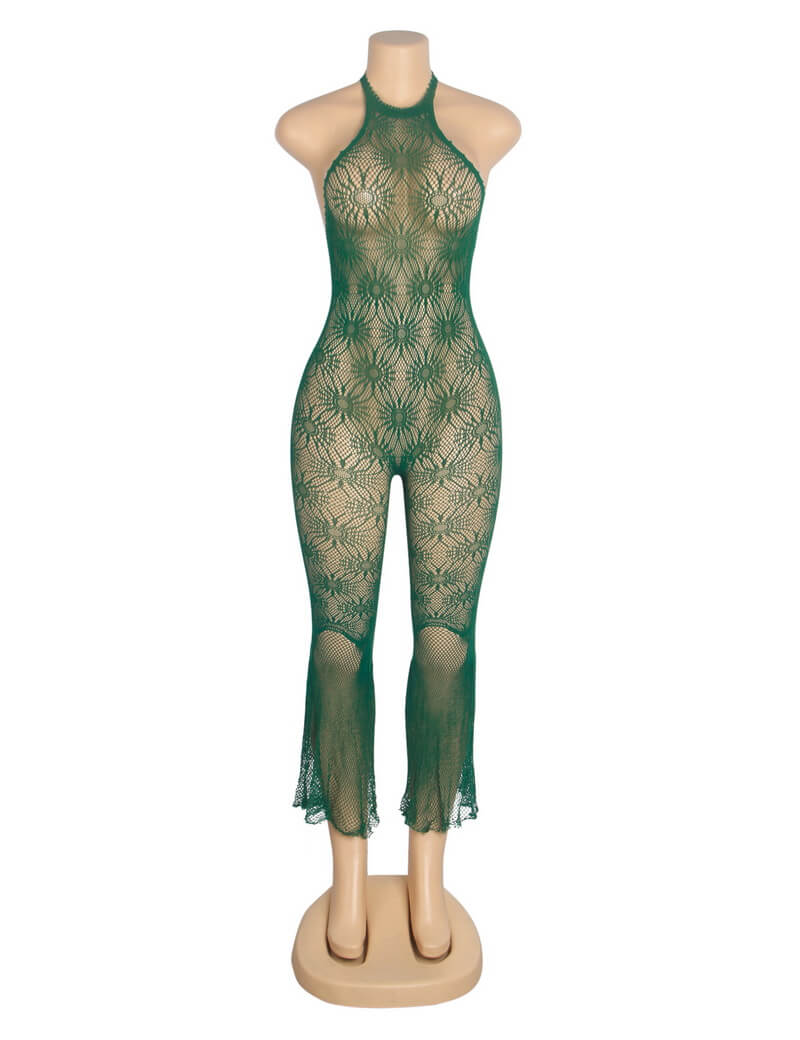 NURO Women's Halter Neck Jacquard Backless Bodysuit Flared Pants