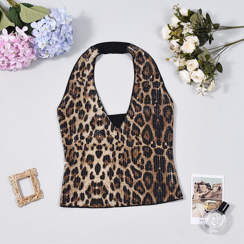 NURO Women's Halter Neck Leopard Sequin Crop Top - Backless, Bodycon, Sexy Clubwear, Sparkling Party Top
