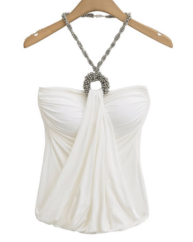 NURO Women's Halter Neck Rhinestone Top, Seamless Bodycon Tube Top