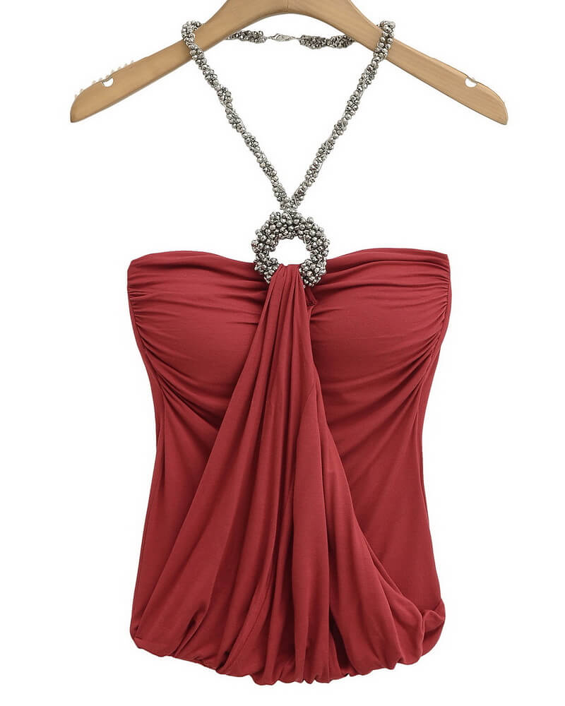 NURO Women's Halter Neck Rhinestone Top, Seamless Bodycon Tube Top