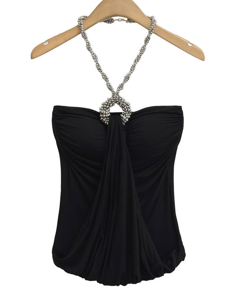 NURO Women's Halter Neck Rhinestone Top, Seamless Bodycon Tube Top