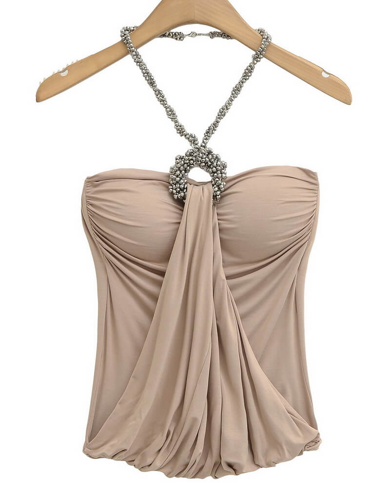 NURO Women's Halter Neck Rhinestone Top, Seamless Bodycon Tube Top