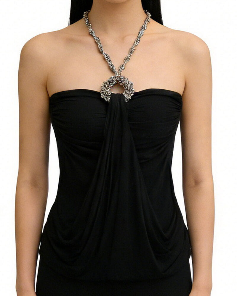 NURO Women's Halter Neck Rhinestone Top, Seamless Bodycon Tube Top