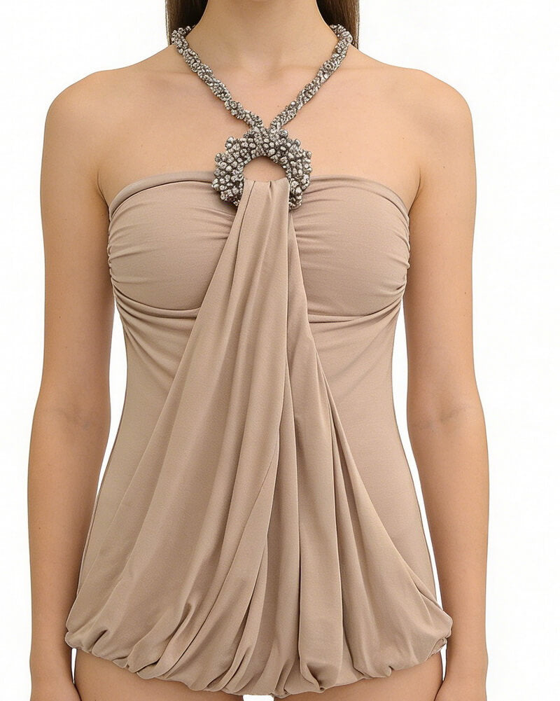 NURO Women's Halter Neck Rhinestone Top, Seamless Bodycon Tube Top