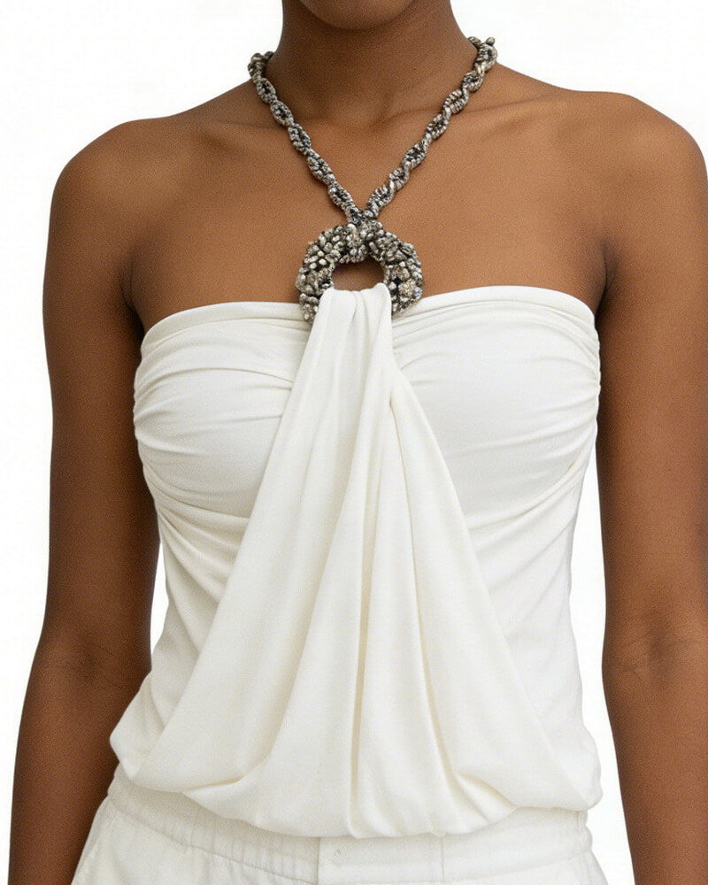 NURO Women's Halter Neck Rhinestone Top, Seamless Bodycon Tube Top