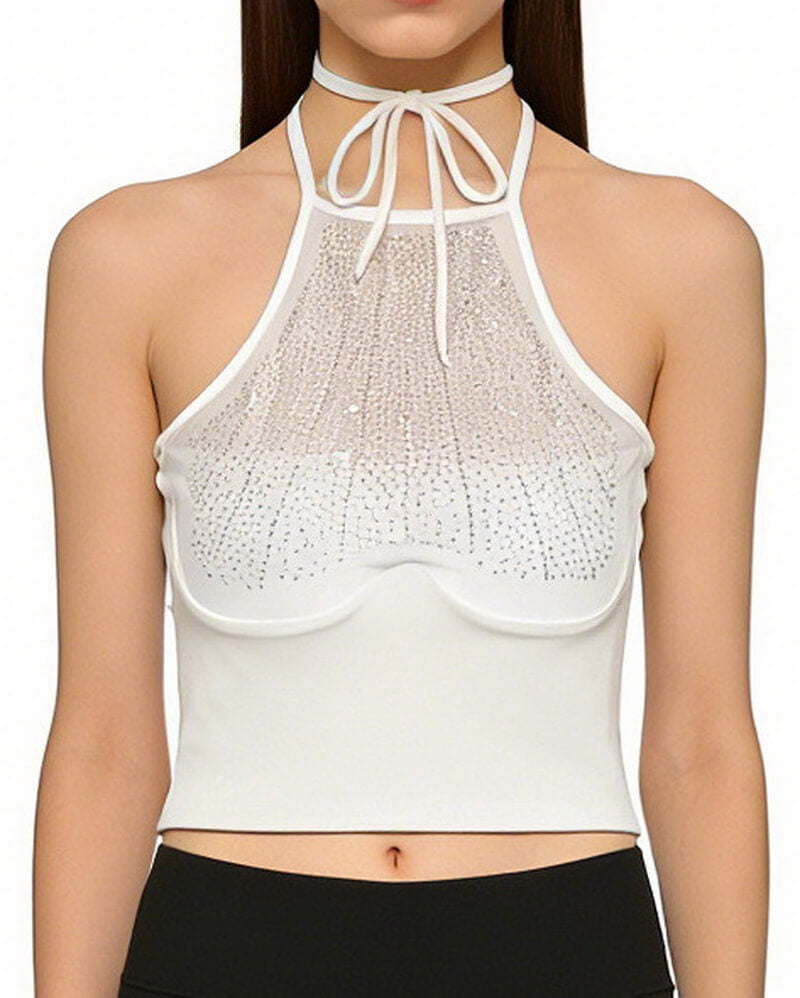 NURO Women's Halter Neck Rhinestone Top, Strapless Glamorous Bustier