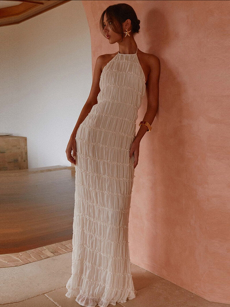 NURO Women's Halter Neck Ruffle Detail Maxi Dress - Tie Back, High Slit, Lightweight, Casual Summer Dress