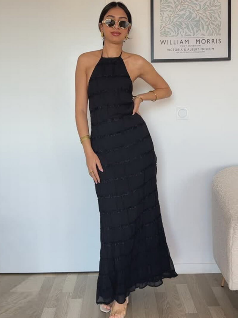 NURO Women's Halter Neck Ruffle Detail Maxi Dress - Tie Back, High Slit, Lightweight, Casual Summer Dress