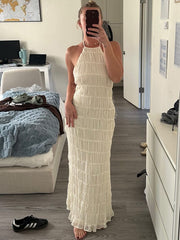 NURO Women's Halter Neck Ruffle Detail Maxi Dress - Tie Back, High Slit, Lightweight, Casual Summer Dress