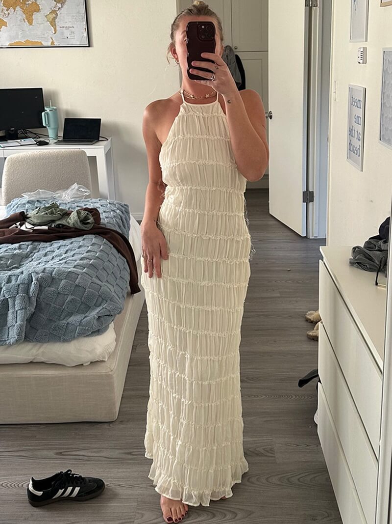 NURO Women's Halter Neck Ruffle Detail Maxi Dress - Tie Back, High Slit, Lightweight, Casual Summer Dress