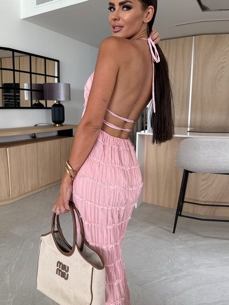 NURO Women's Halter Neck Ruffle Detail Maxi Dress - Tie Back, High Slit, Lightweight, Casual Summer Dress