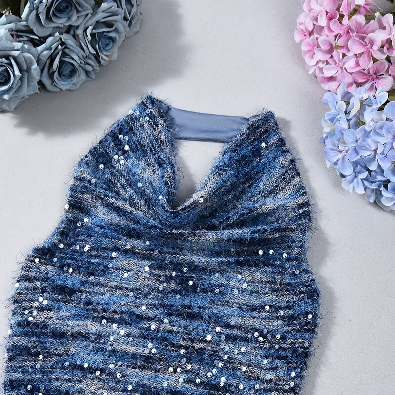 NURO Women's Halter Neck Sequin Camisole Top - Gradient Sparkle, Crisscross Front, Bodycon Fit, Sexy Clubwear