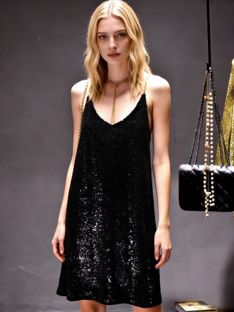 NURO Women's Halter Neck Sequin Chain Dress - Backless, Midi, Bodycon, Party Gown