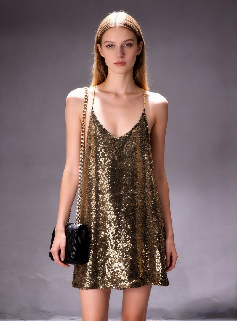 NURO Women's Halter Neck Sequin Chain Dress - Backless, Midi, Bodycon, Party Gown